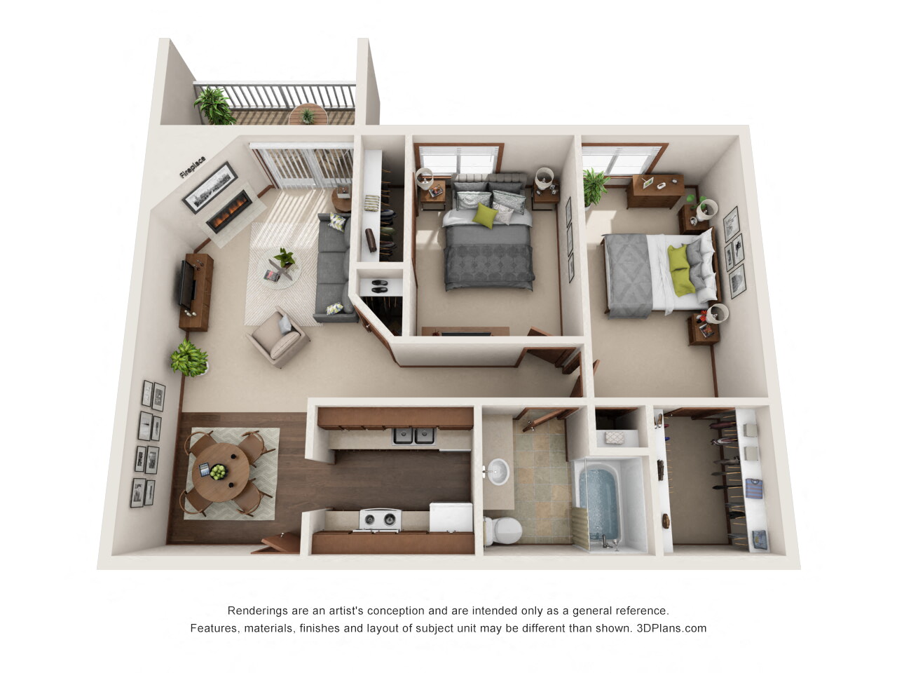 Floor plan for 2 beds, 1 bath, 850 sqft